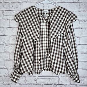 Aureum Gingham Statement Collar Blouse XS Brown White Plaid Linen Blend Coquette